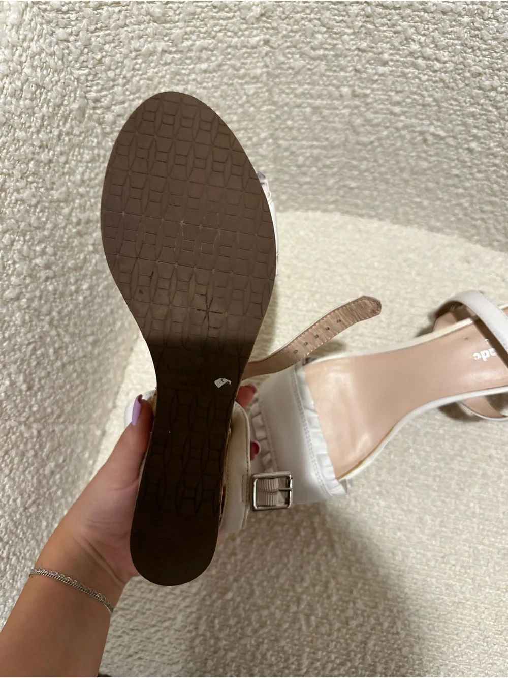 kate spade White Cork Ruffle Wedge Sandals